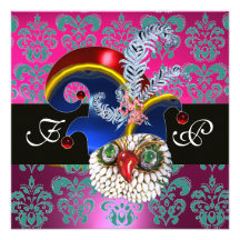 PINK  DAMASK ,JEWEL OWL ,ELF HAT,DIAMOND  FEATHERS INVITATIONS