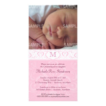 Pink Damask Monogram Baptism/Christening Personalized Photo Card