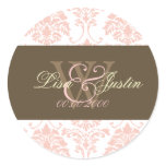 Pink Damask monogram wedding stickers
