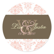 Pink Damask monogram wedding stickers