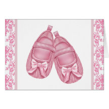Pink Damask Satin Booties Baby Girl Thank You Greeting Cards