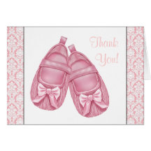 Pink Damask Satin Booties Baby Girl Thank You Cards