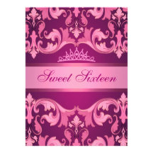 Pink Damask & Tiara Sweet16 Birthday Invite