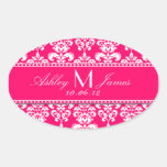 Pink Damask Wedding Wine Label Oval Oval Sticker