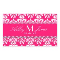Pink Damask Wedding Wine Label Rectangle Sticker