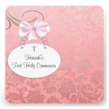 Pink Damaskt Cross Girls First Communion Invitation