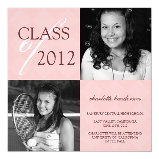 Pink diamond square photo graduation announcement
