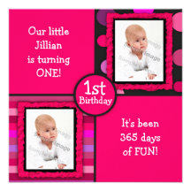 Pink Dots Girls First Birthday Photo Invitation
