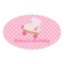 Pink Dots Rollerskate Birthday Oval Stickers