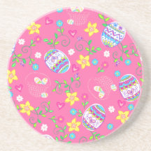 Pink Easter eggs, flowers and baskets Beverage Coasters