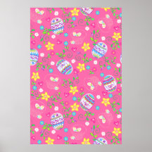 Pink Easter eggs, flowers and baskets Poster
