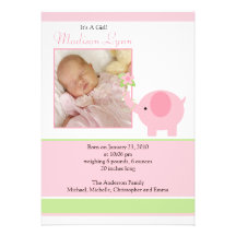 Pink Elephant Baby Girl Photo Announcement Card