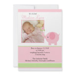 Pink Elephant Baby Girl Photo Announcement Card