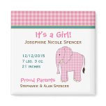 Pink Elephant Girl's Birth Announcement Magnet