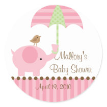 Pink Elephant Umbrella Baby Shower Sticker