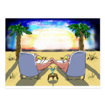 Pink Flamingo Couple On Beach At Sunset Post Card