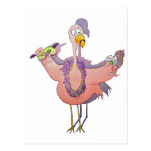 Pink Flamingo Drink Mardi Gras Watercolor Paiting Postcards