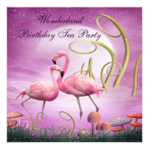 Pink Flamingos Wonderland Birthday Tea Party Personalized Invites