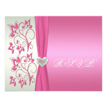 Pink Floral and Pale Green with Love Heart RSVP Custom Announcements