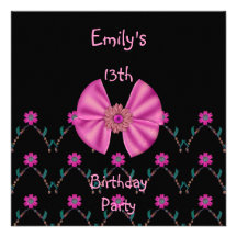 Pink Floral Black Cute Bow 13th Birthday Party Invitations