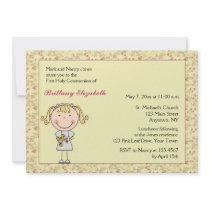 Pink Floral Border, Girl Communion Invitation