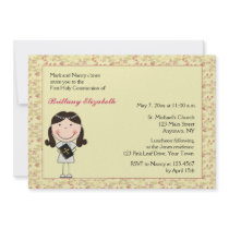 Pink Floral, Dark Hair Girl Communion Invitation