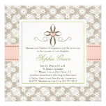 Pink Floral Heart Cross Baptism Photo Invitations