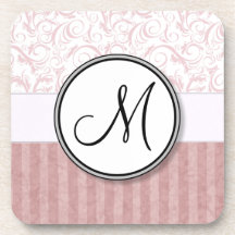Pink Floral Wisps & Stripes with Monogram Coasters