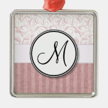 Pink Floral Wisps & Stripes with Monogram Christmas Tree Ornament