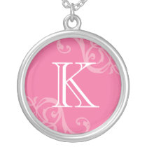 Pink flourish initial monogram letter charm necklaces