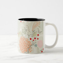 Pink flowers and little birds wallpaper coffee mugs