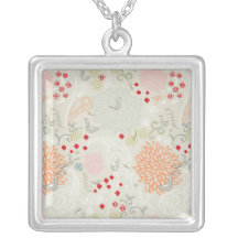 Pink flowers and little birds wallpaper custom necklace