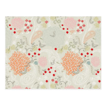 Pink flowers and little birds wallpaper post card
