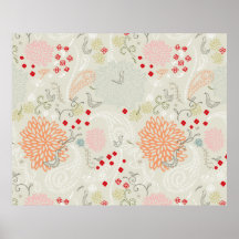 Pink flowers and little birds wallpaper print