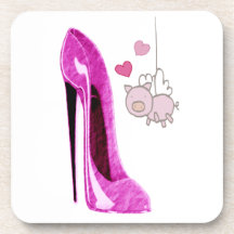 Pink Flying Pink and Stiletto Hearts Art Drink Coasters