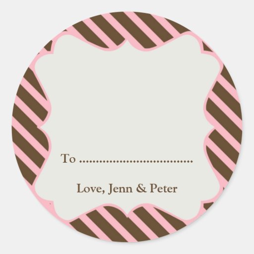 Pink frame brown stripe Christmas holiday gift tag Round Sticker