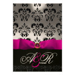 PINK FUCHSIA RIBBON WHITE BLACK  DAMASK MONOGRAM INVITE