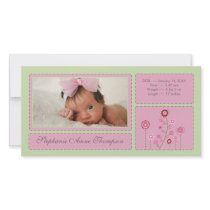 Pink Garden Baby Girl Birth Announcement PhotoCard Customized Photo Card