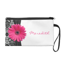 Pink Gerber Daisy Damask Personalized Wristlet