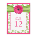 Pink Gerbera Daisy Green Damask Table Number Card