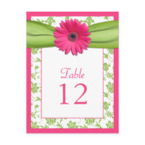 Pink Gerbera Daisy Green Damask Table Number Card