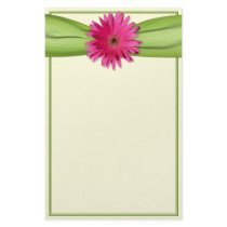 Pink Gerbera Daisy Green Ribbon Stationery
