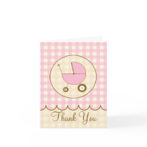 Pink Gingham Baby Carriage Thank You Card