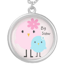 Pink Gingham Big Sister Birds Girls Necklace