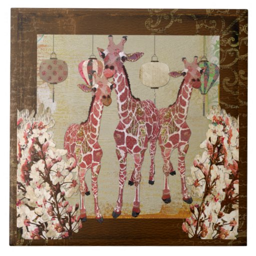 Pink Giraffes Cherry Blossom  Tile