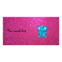 Pink glitter blue elephant photo greeting card