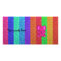 Pink glitter elephant with rainbow stripes photo greeting card