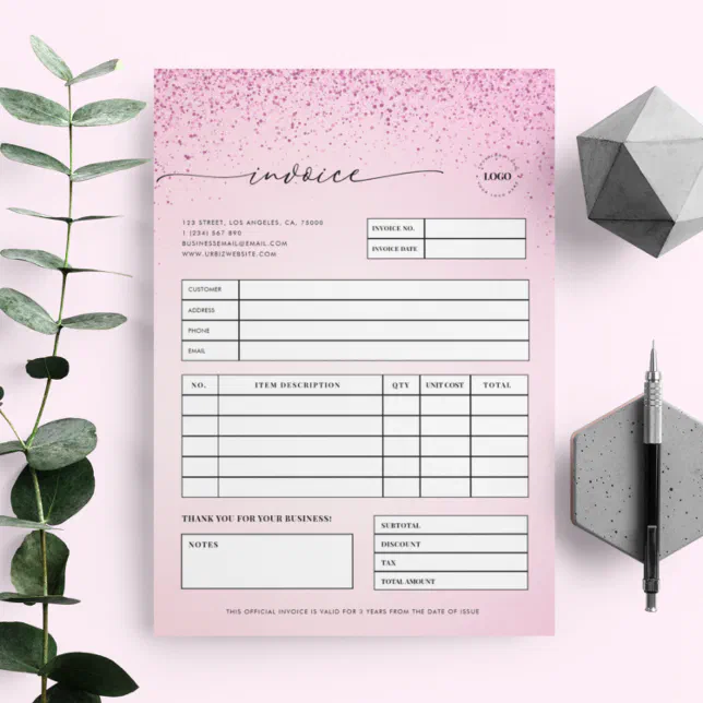 Pink Glitter Small Business Sales Invoice Receipt Letterhead Zazzle