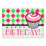 Pink & Green Argyle Birthday Card - Pink Cupcake
