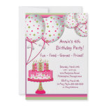 Pink Green Balloons Cake Girls 4th Birthday Party invitations